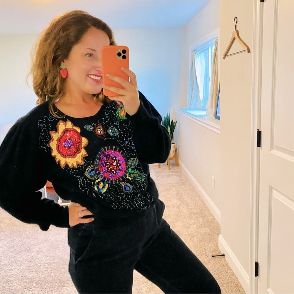 Vintage Cedars Black Embellished Beaded Sequin Silk Angora Sweater Small